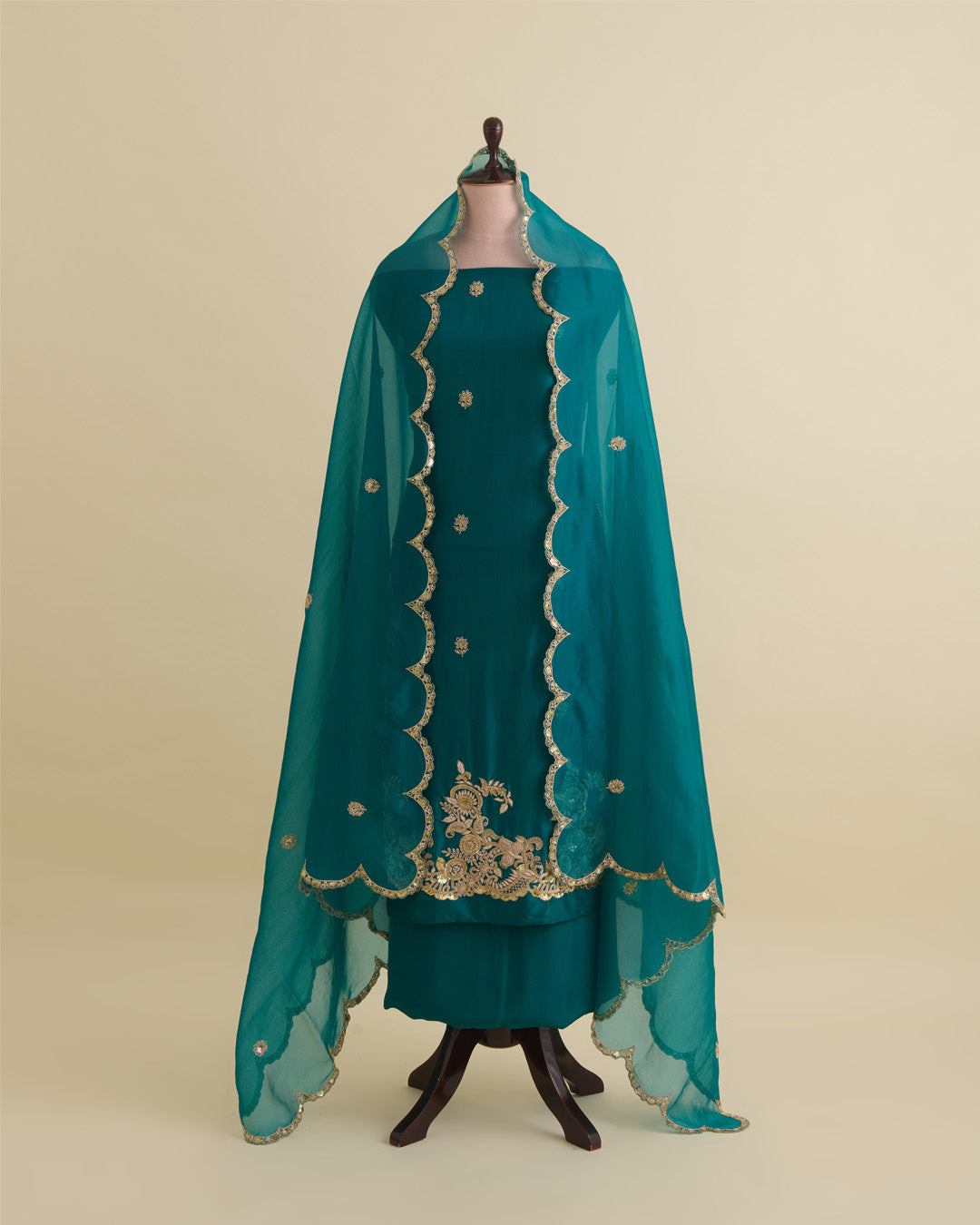 Peacock Green Dupion Silk Kurta Set with Zardozi & Organza Dupatta
