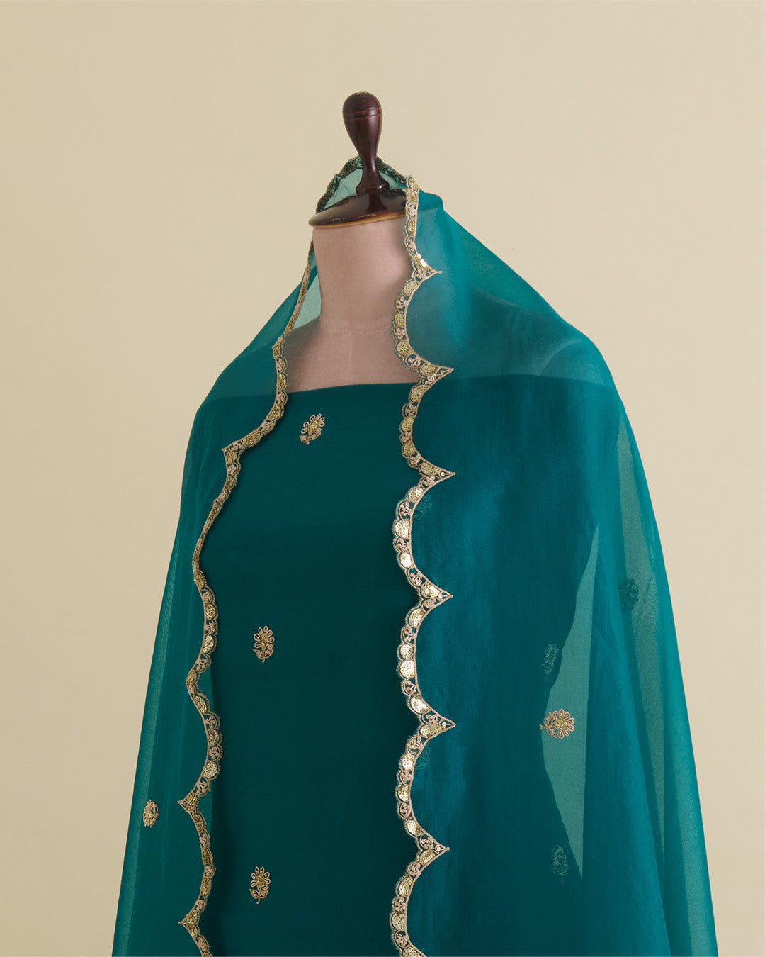 Peacock Green Dupion Silk Kurta Set with Zardozi & Organza Dupatta