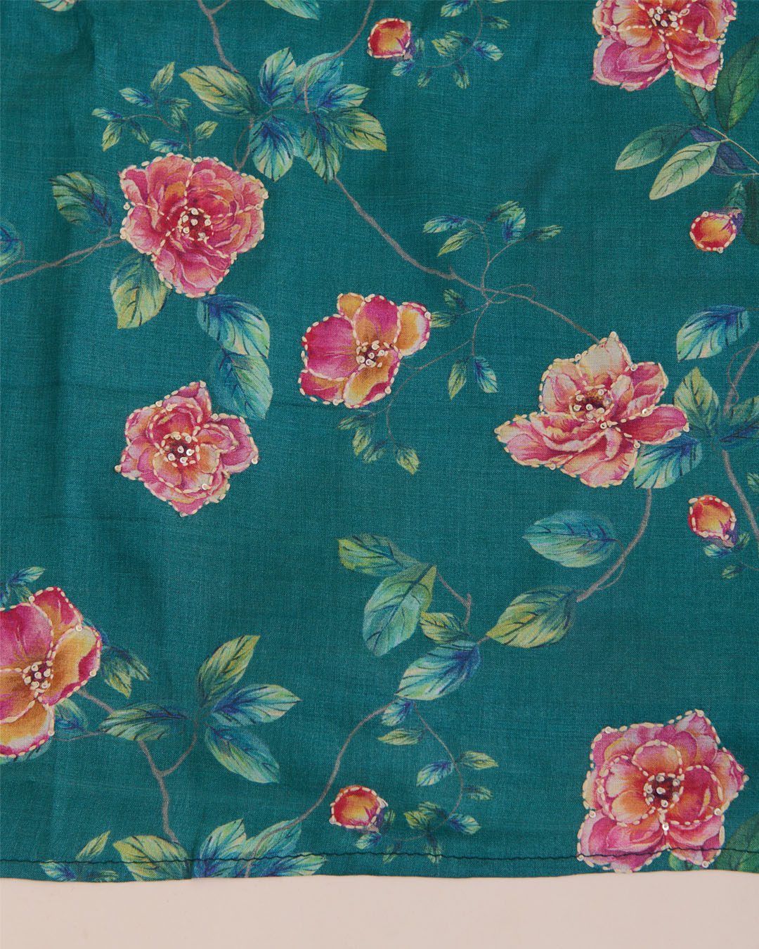 Sea Green Desi Tussar Printed Suit with Katha Stitch Embroidery and Dupatta