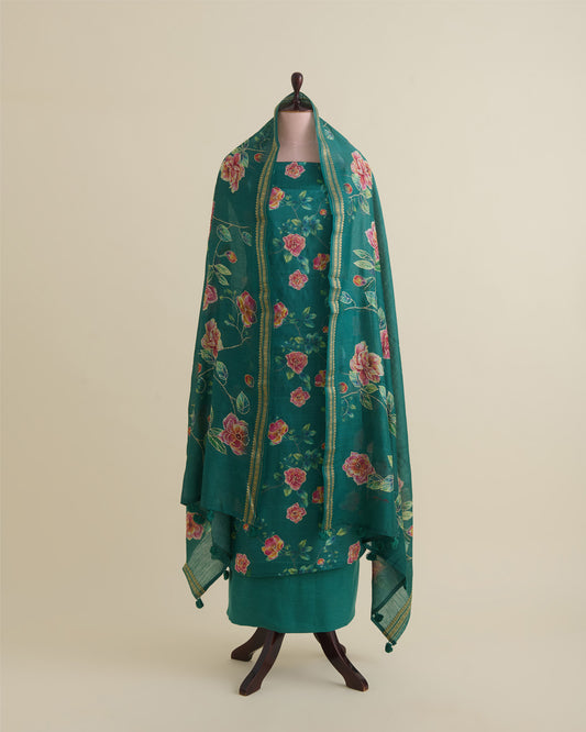 Sea Green Desi Tussar Printed Suit with Katha Stitch Embroidery and Dupatta