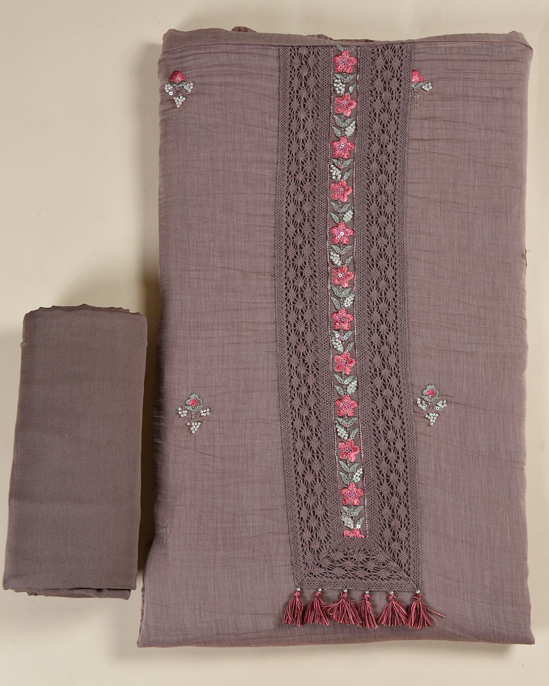 Brown & Pink Fine Chanderi Embroidered Suit with Dupatta