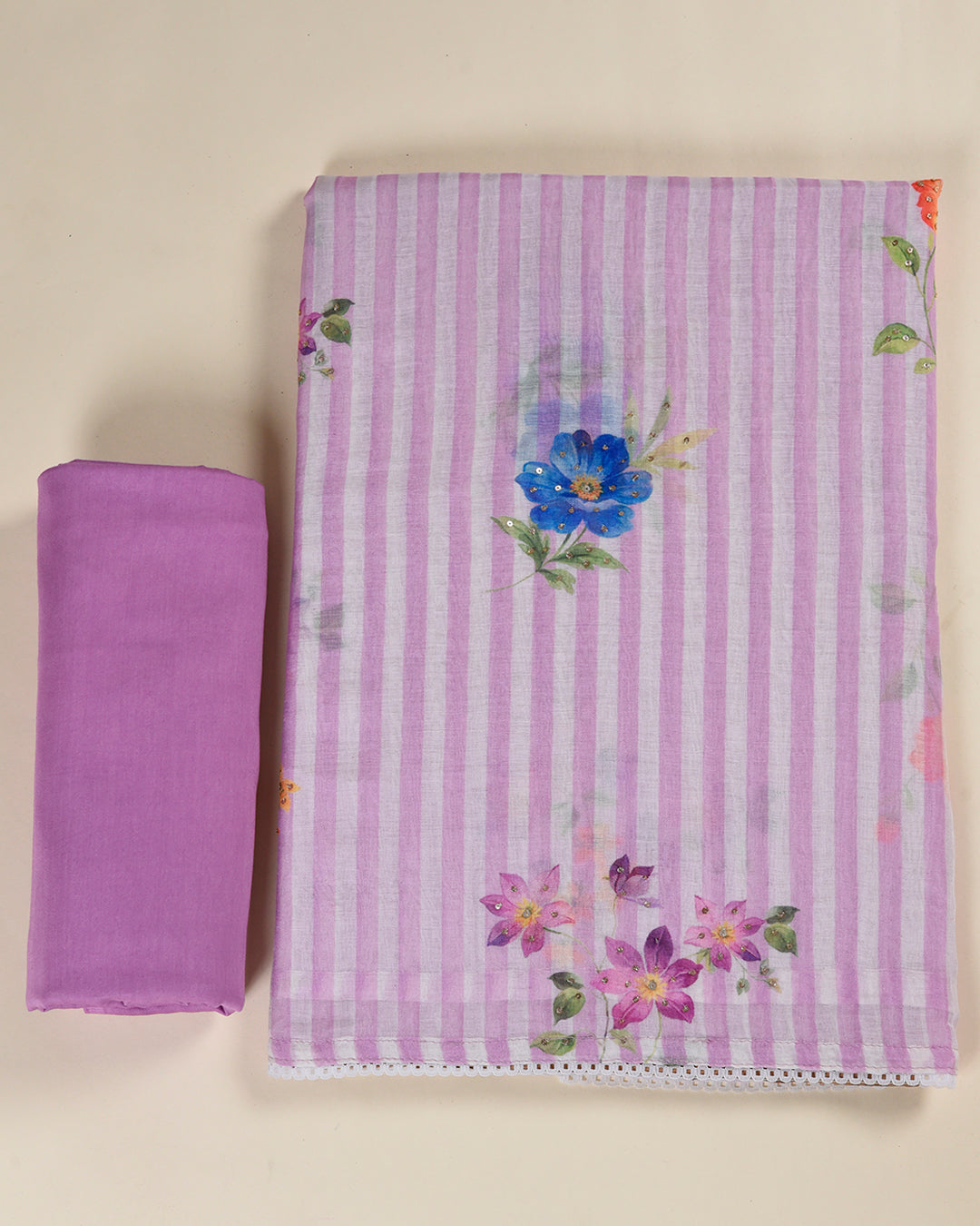 Off White Purple Fine Chanderi Printed Suit with Sequin Highlight