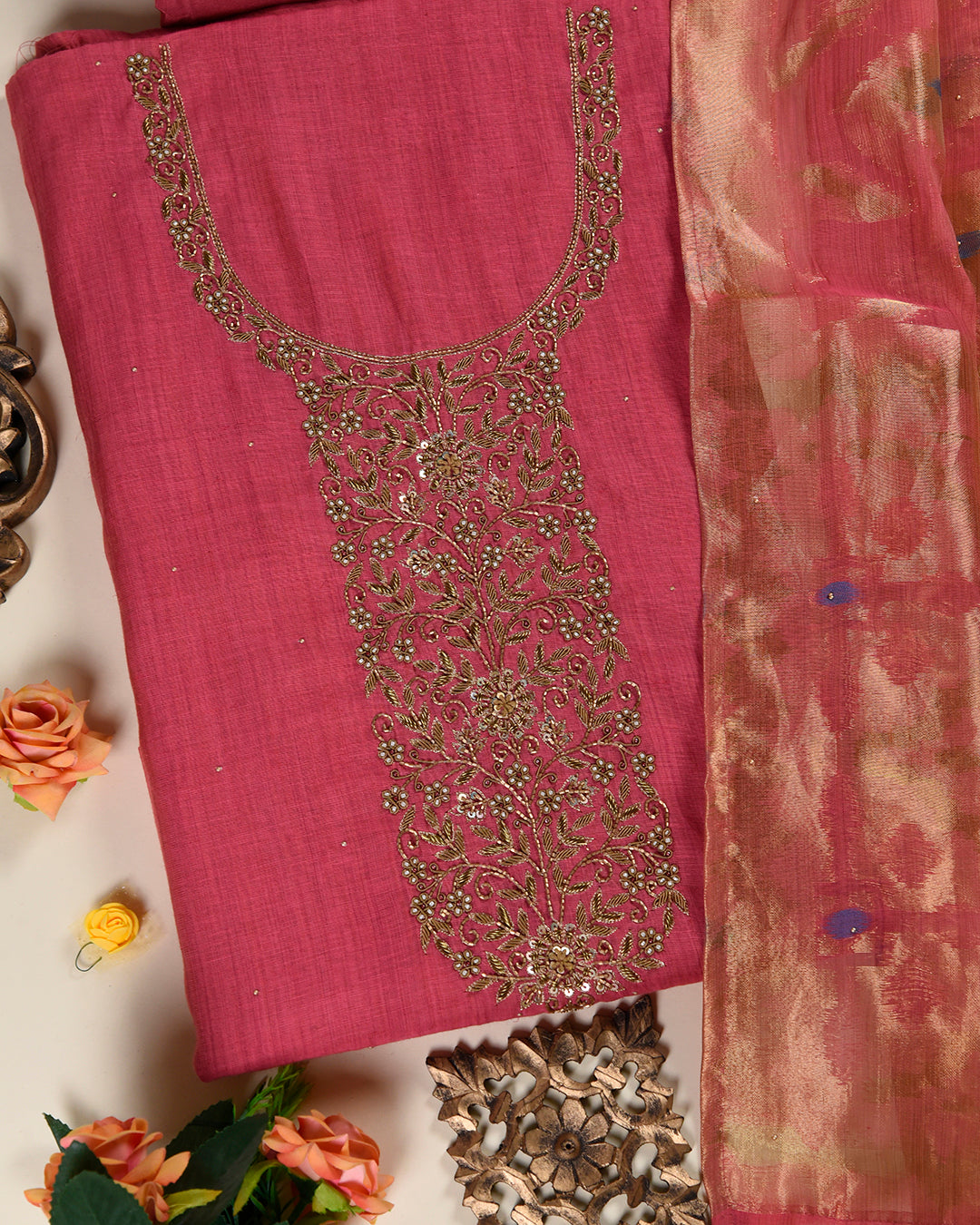 Dusty Pink Kora Chanderi Suit with Zardozi Embroidery