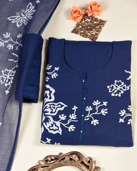 Navy Blue Fine Chanderi Appliqué Embroidered Suit Set
