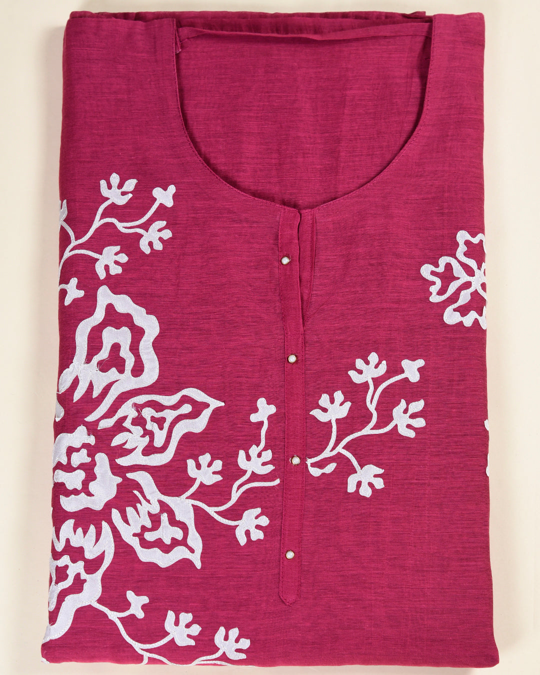 Magenta Pink Fine Chanderi Applique Embroidered Suit Set