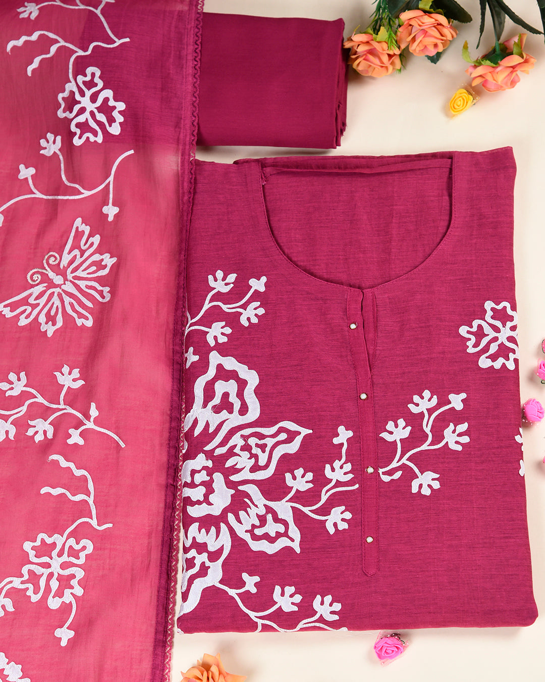 Magenta Pink Fine Chanderi Applique Embroidered Suit Set