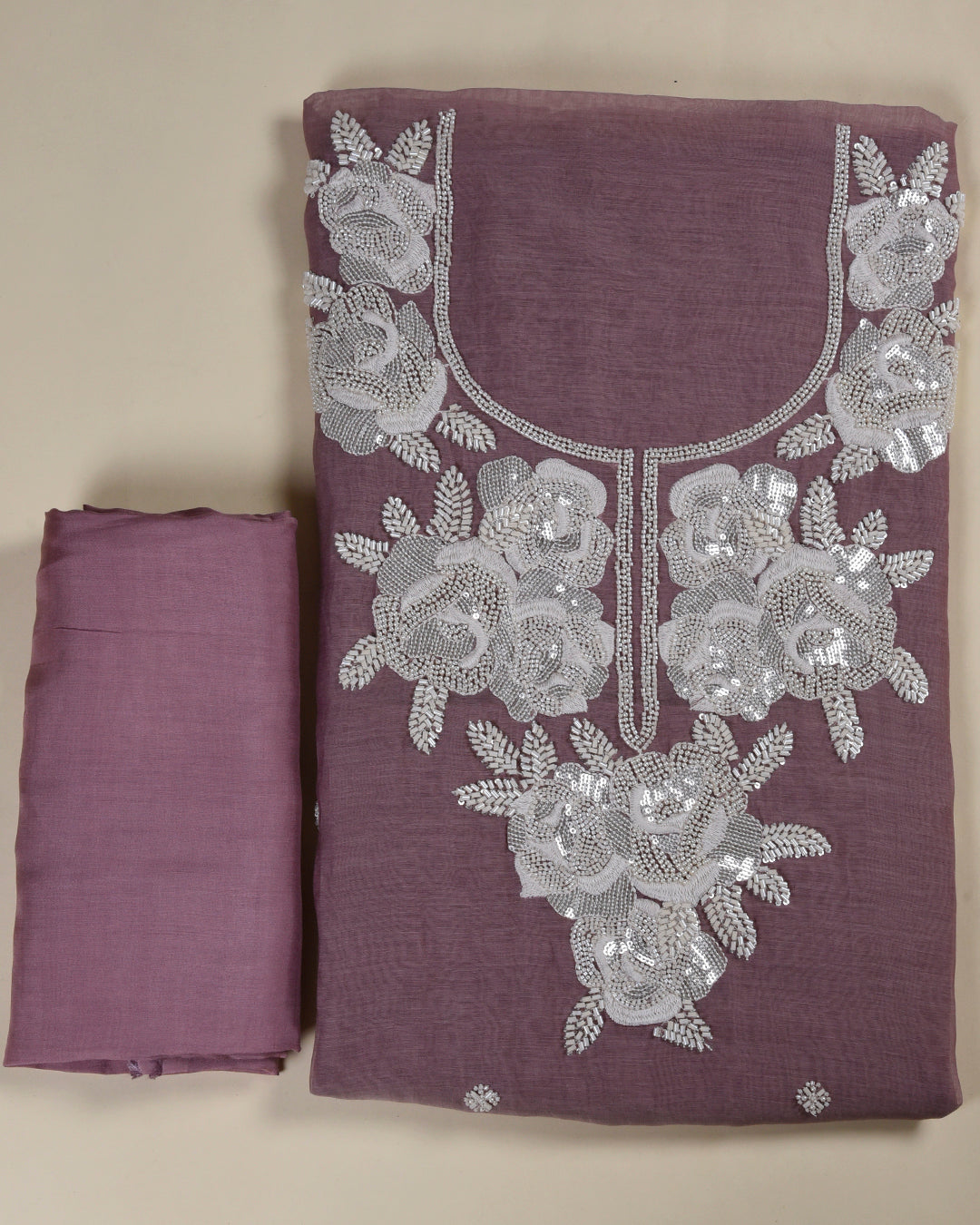 Dusty Mauve Fine Chanderi Embroidered Suit Set