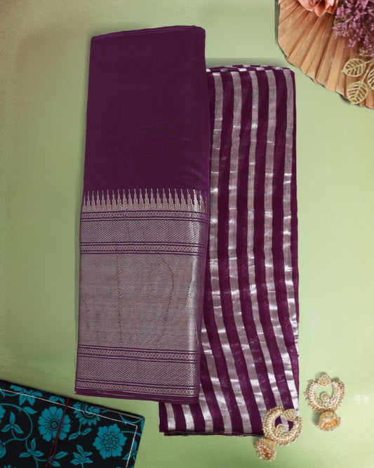 Dark Purple Chanderi Silver Stripes with Water Gold Daman Border Fabric