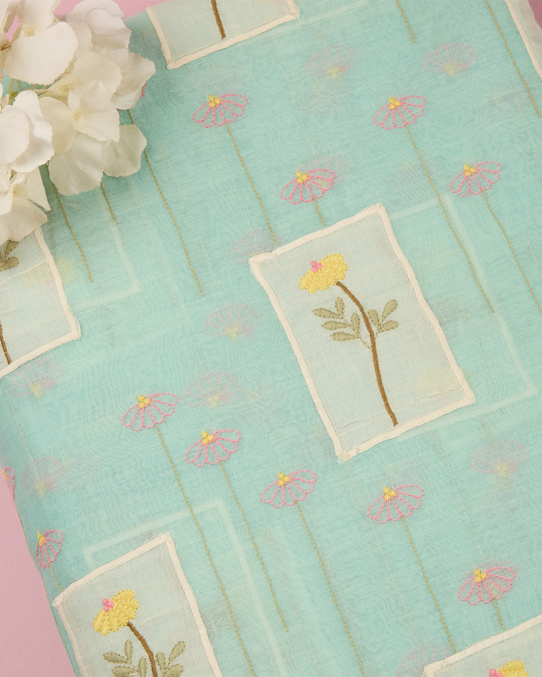 Aqua Blue Fine Chanderi Applique Work Buta Fabric