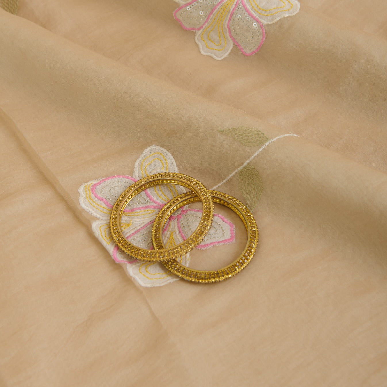 Beige Fine Chanderi Appliqué Work Buta with Sequin & Zari Fabric