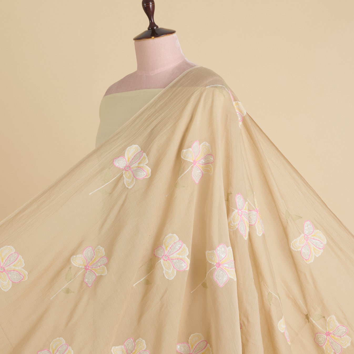 Beige Fine Chanderi Appliqué Work Buta with Sequin & Zari Fabric