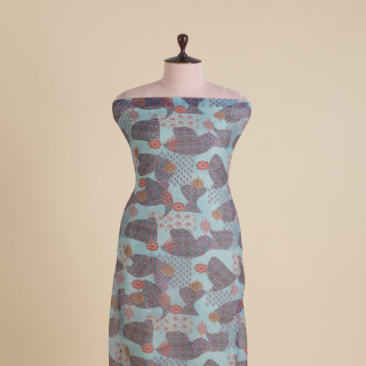Dusty Blue Fine Chanderi Abstract Print Fabric