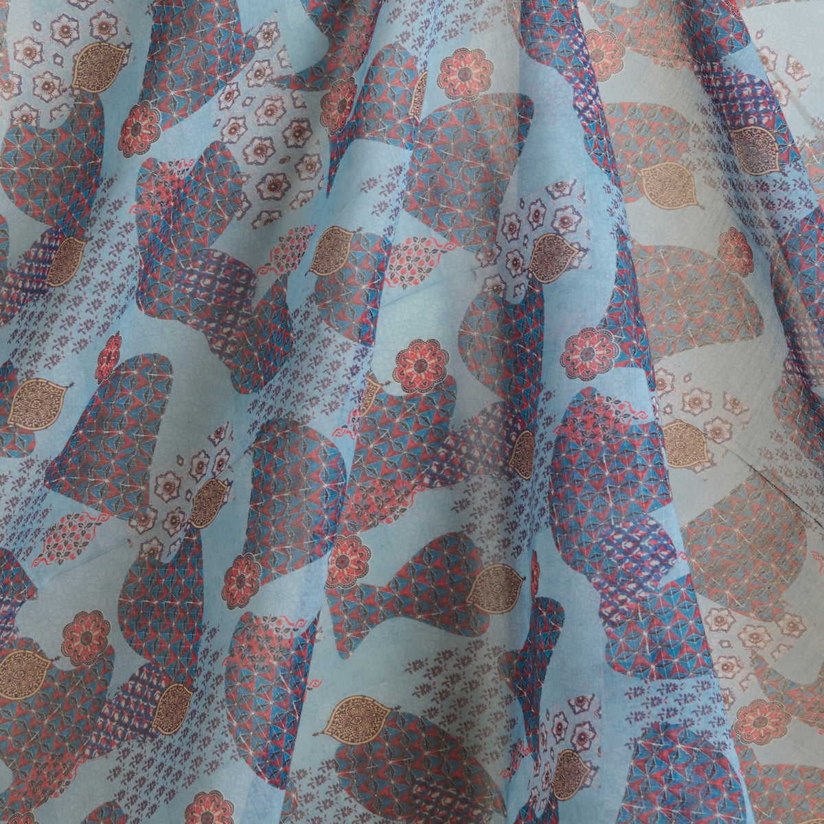 Dusty Blue Fine Chanderi Abstract Print Fabric