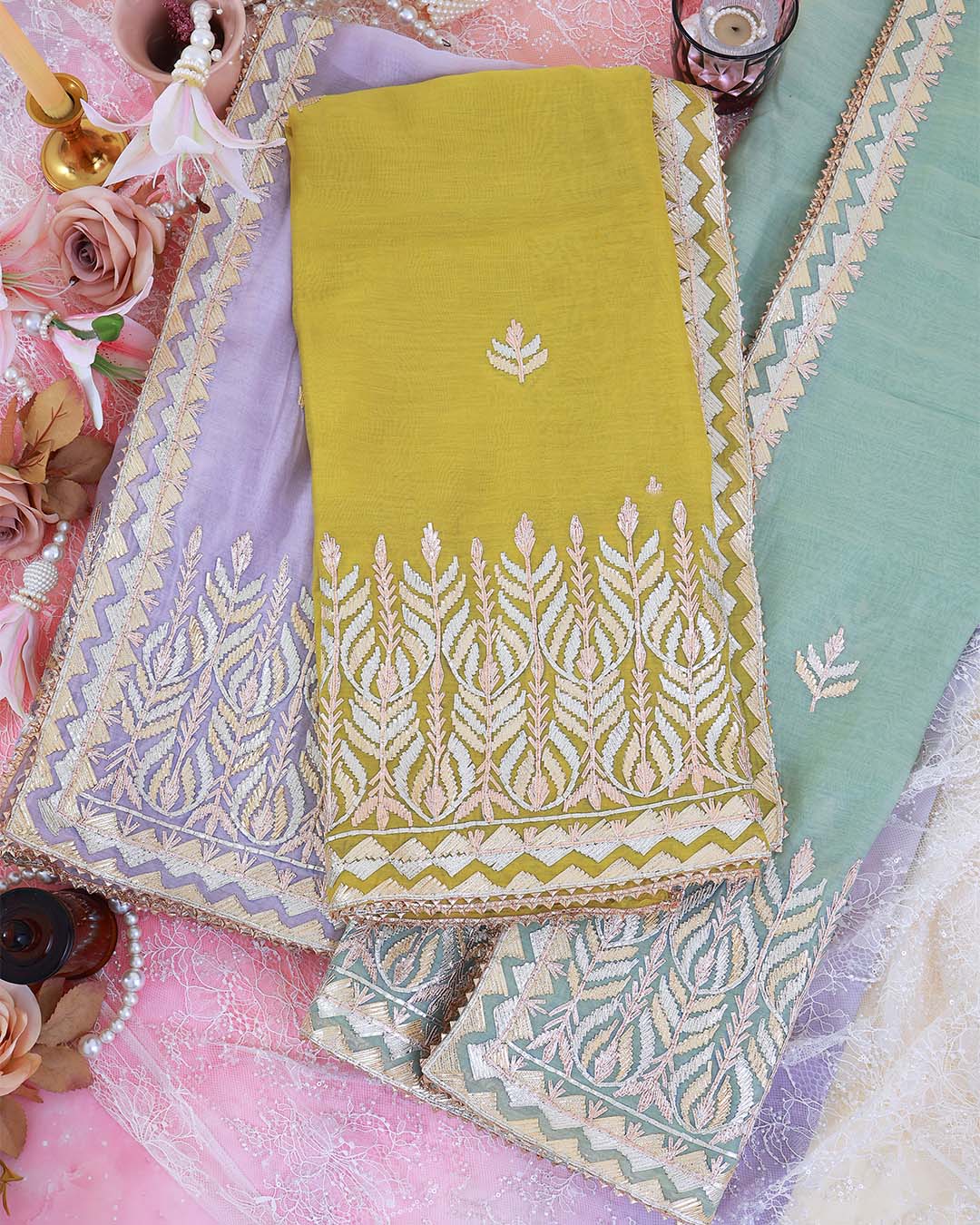 Fine Chanderi Lechi Gota Emb Buta Border Dupatta