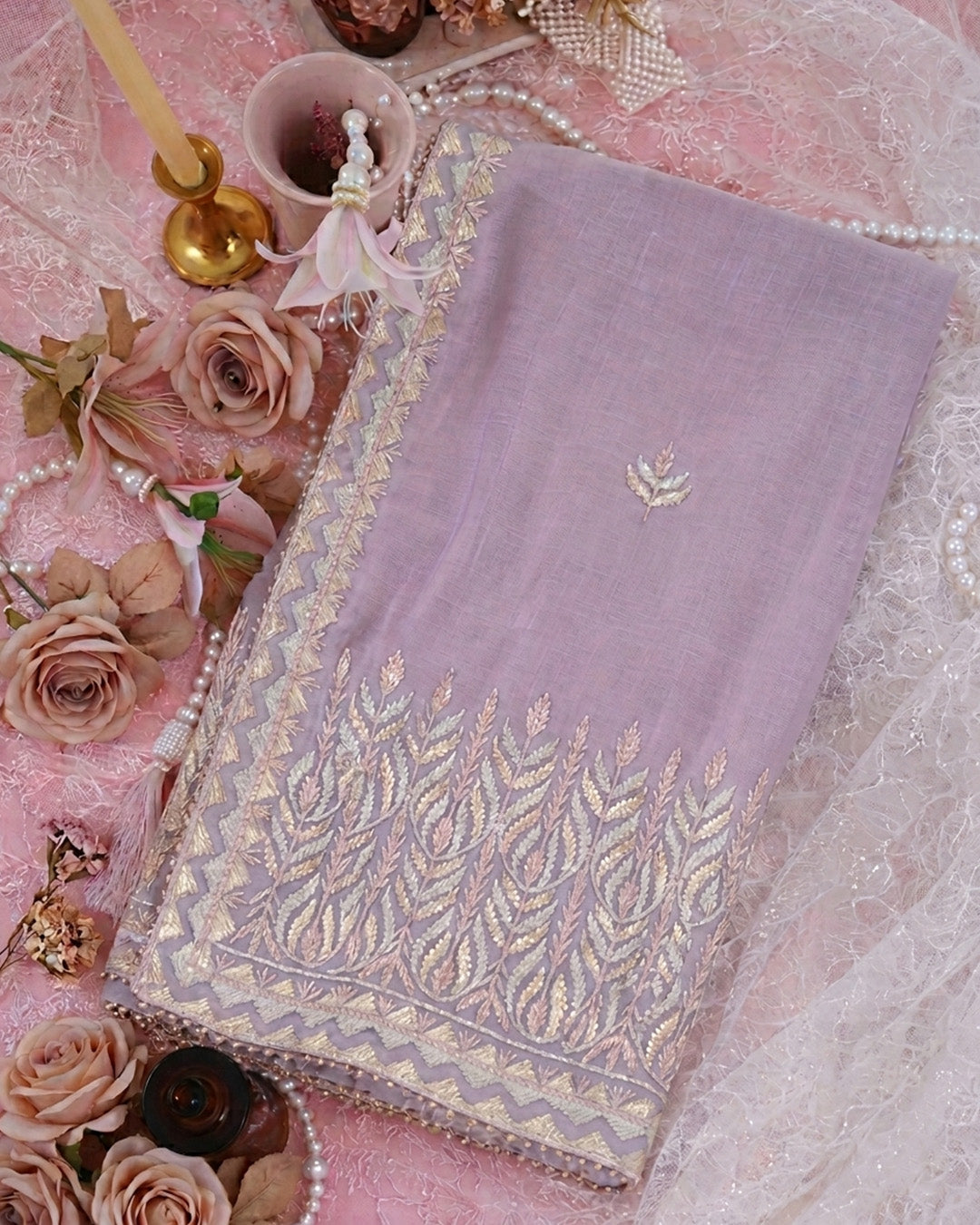 Fine Chanderi Lechi Gota Emb Buta Border Dupatta