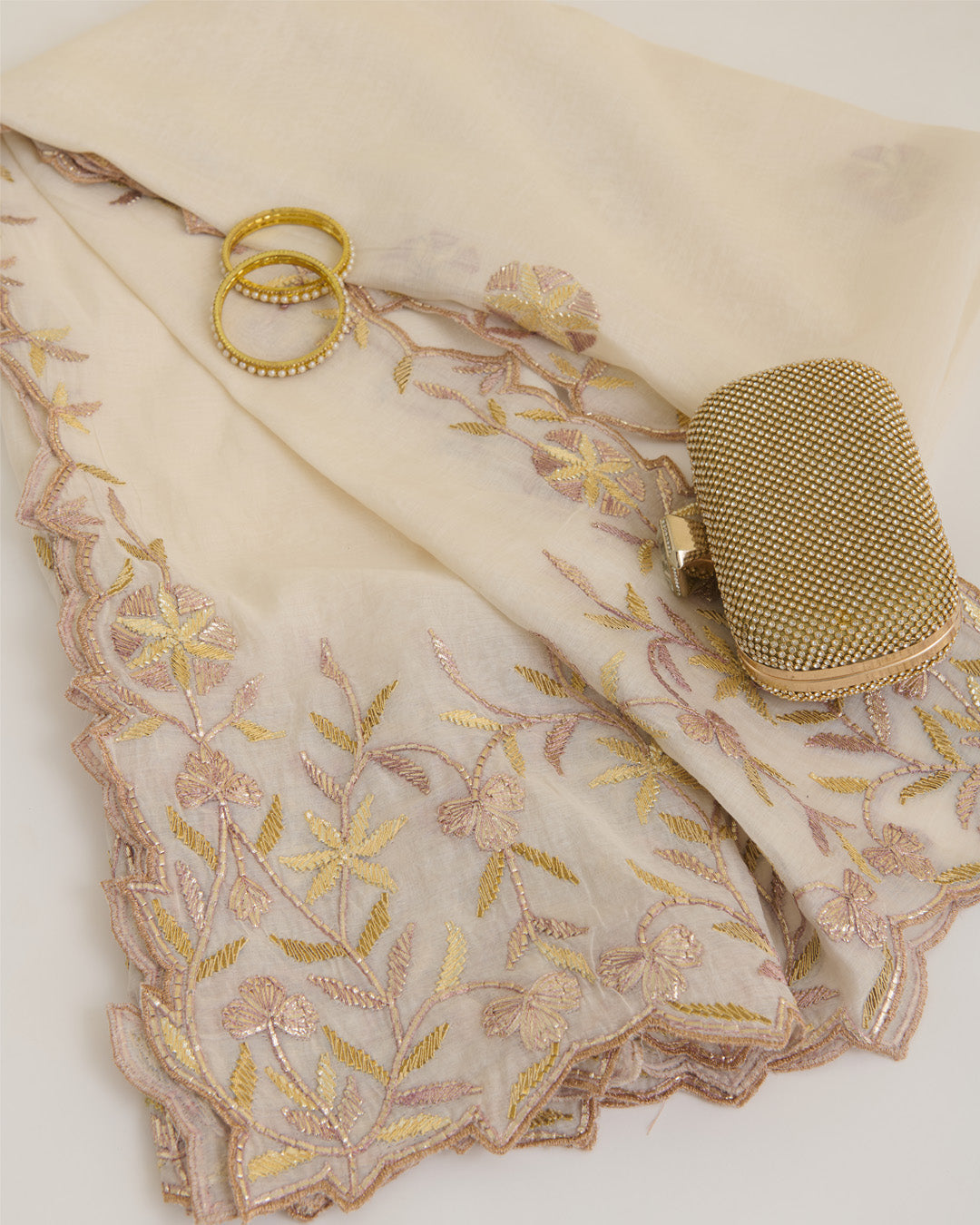 Natural Fine Chanderi Lechi Gota Embroidery Buta Scalap Dupatta