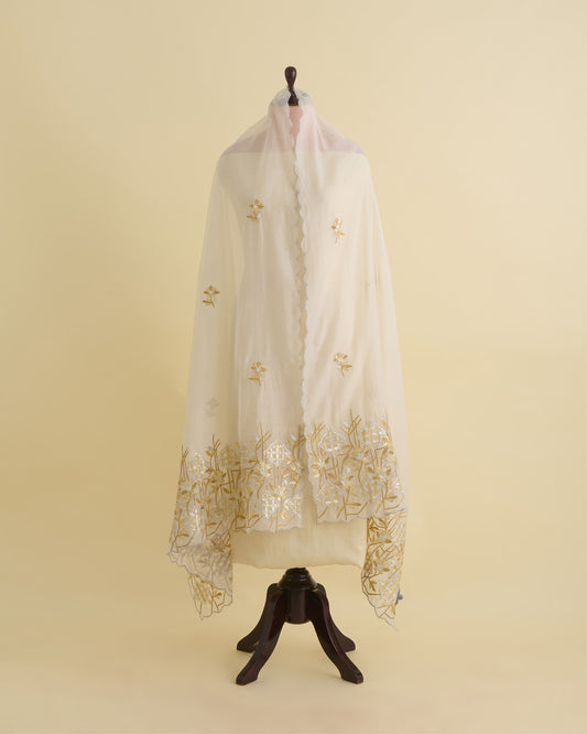 Natural Fine Chanderi Lechi Gota Embroidery Buta Border Dupatta