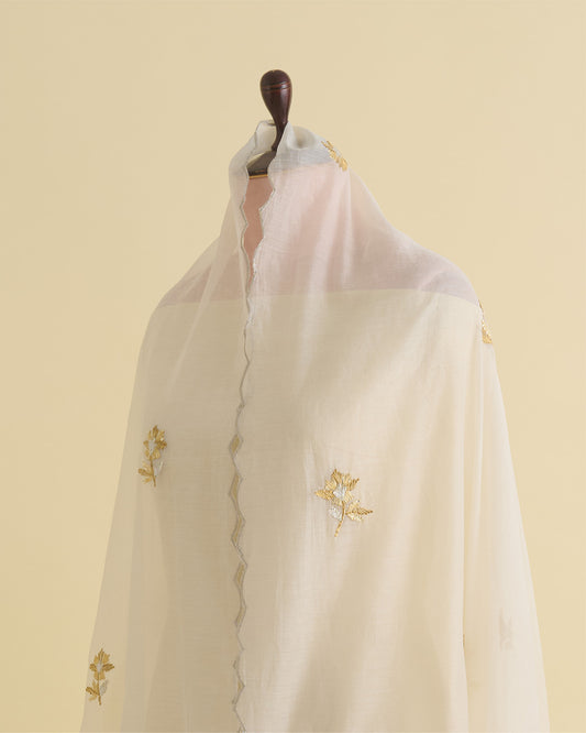 Natural Fine Chanderi Lechi Gota Embroidery Buta Border Dupatta