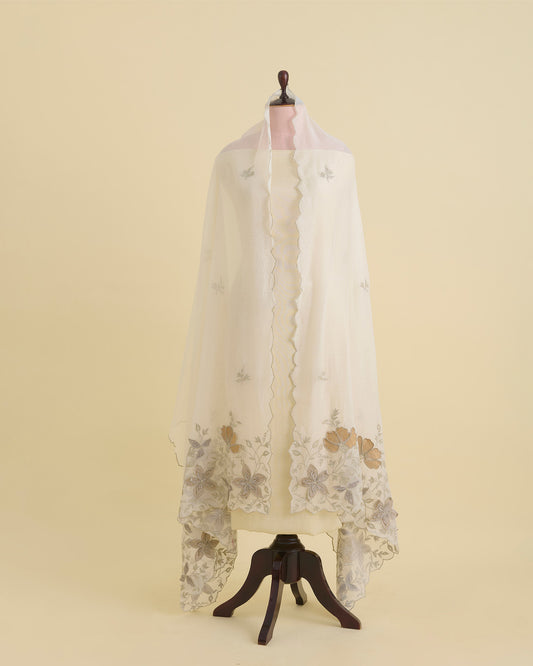 Off White-Beige Chanderi Dupatta with 3-D Embroidery & Applique Work