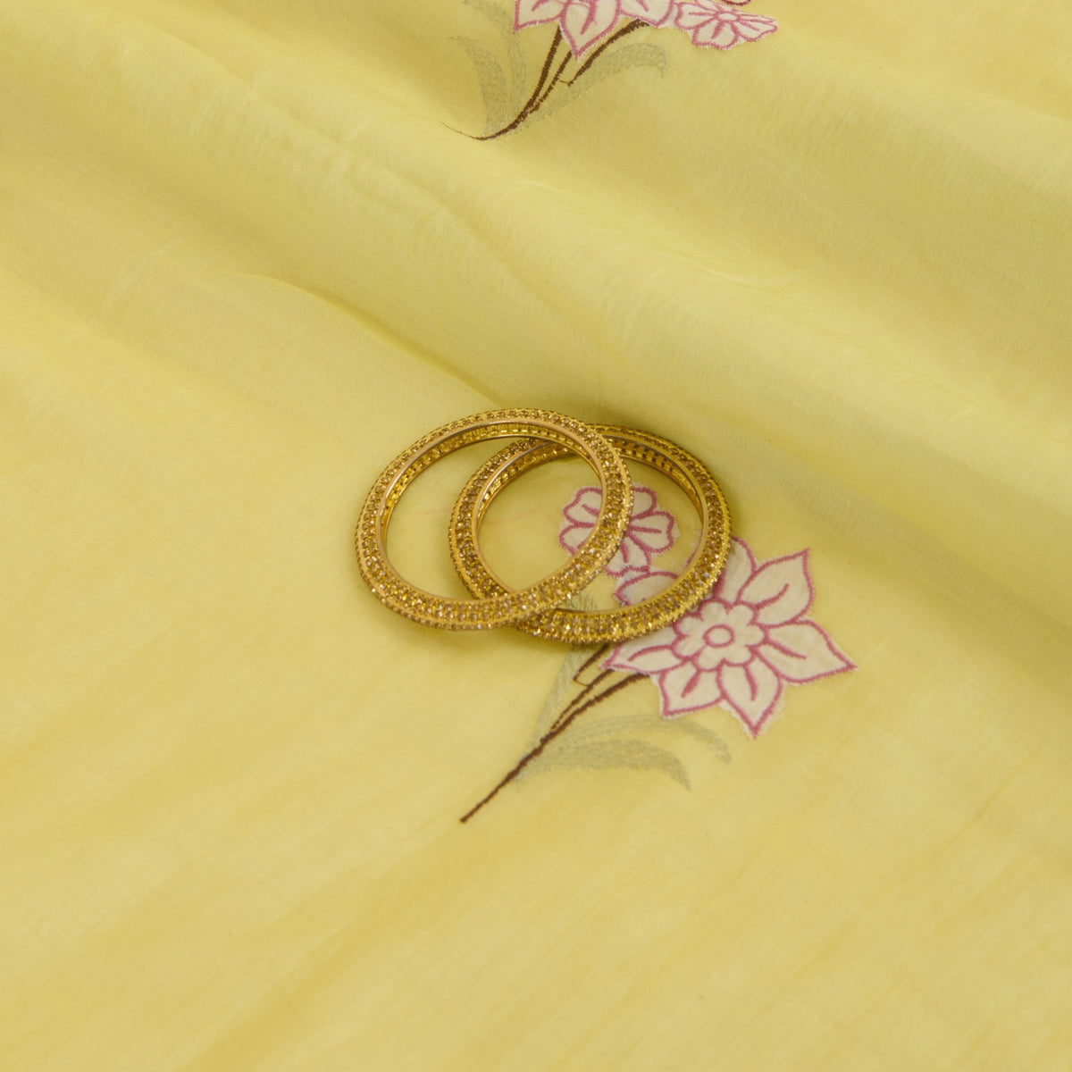 Yellow Fine Chanderi Thread Applique Jaal Embroidery Fabric