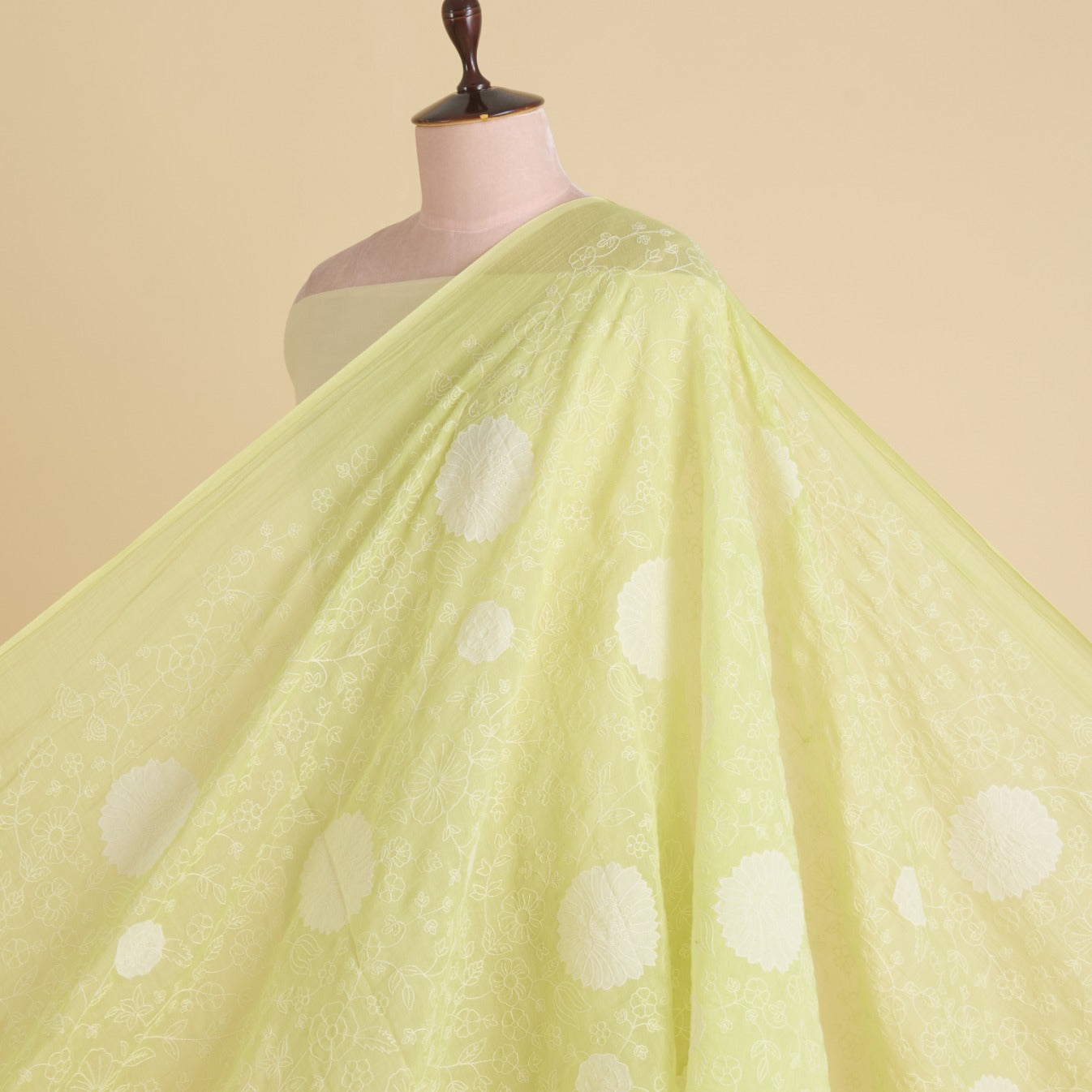 Pista Green Fine Chanderi Thread Applique Jaal Embroidery Fabric