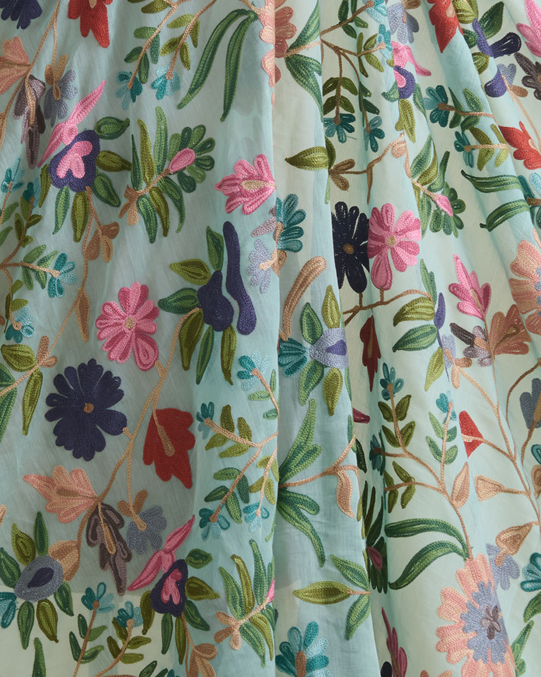 Sea Green Fine Chanderi Kashmiri Jaal Embroidery Fabric