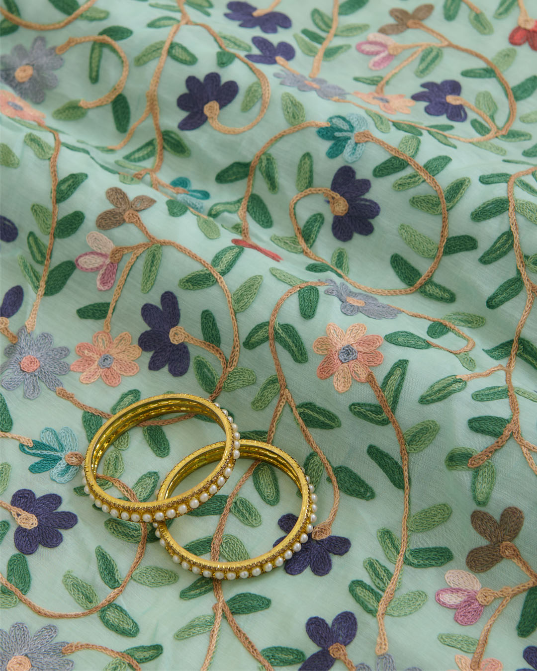Sea Green Fine Chanderi Kashmiri Jaal Embroidery Fabric
