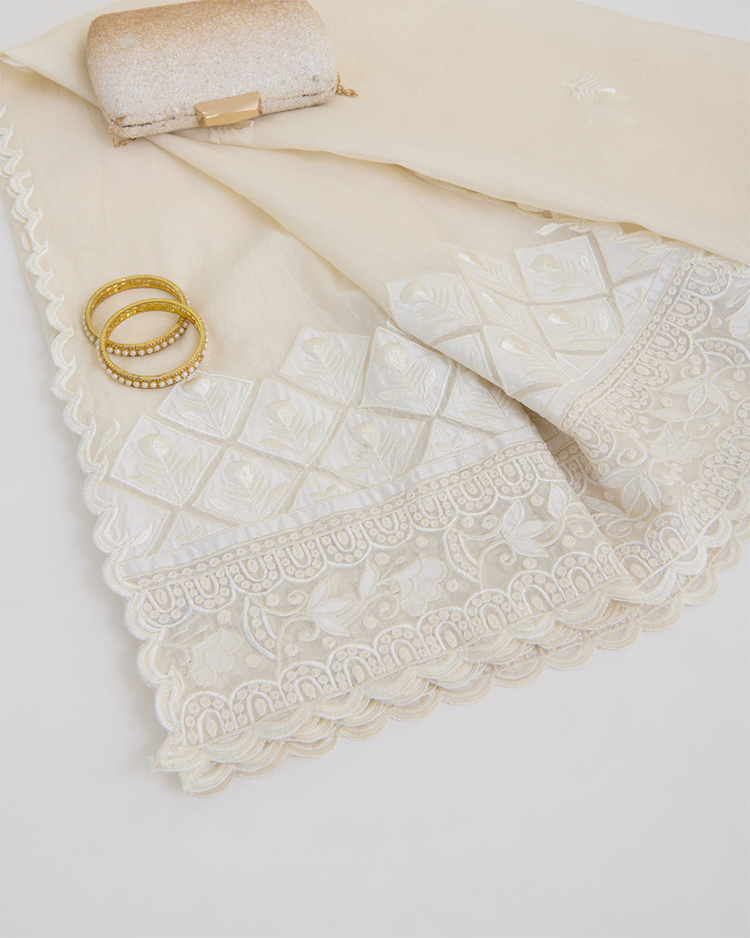 Kora Natural Fine Chanderi Fabric with Resham Motifs and Applique Dupatta