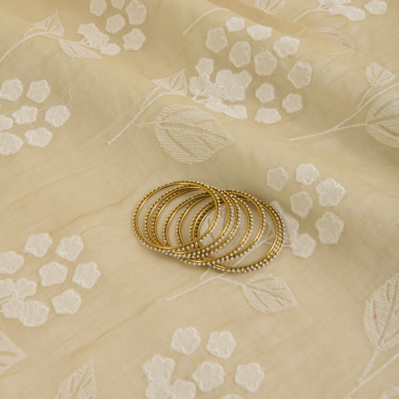 Beige Fine Chanderi Thread Applique Work Buta Fabric