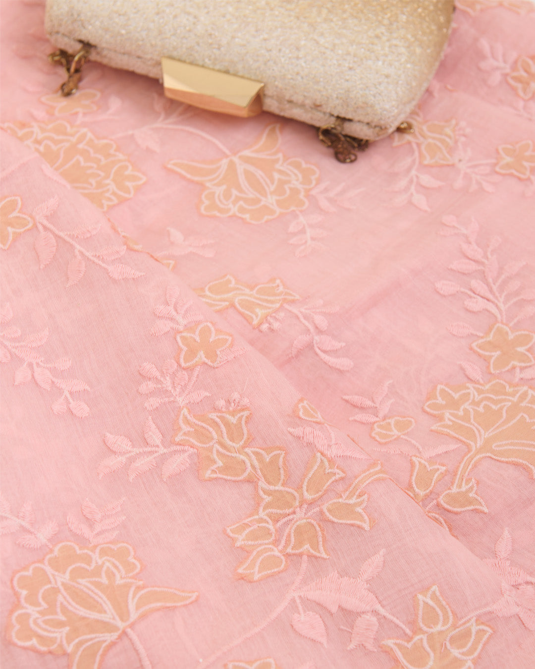 Peach Fine Chanderi Fabric with Applique Jaal Work