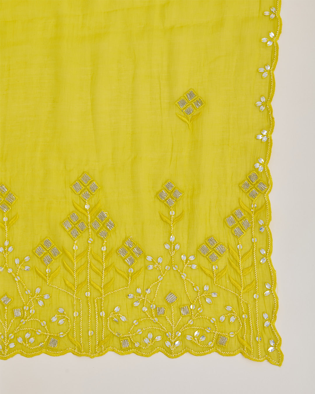 Lime Green Fine Chanderi Dupatta with Thread Sequins & Gota Embroidery
