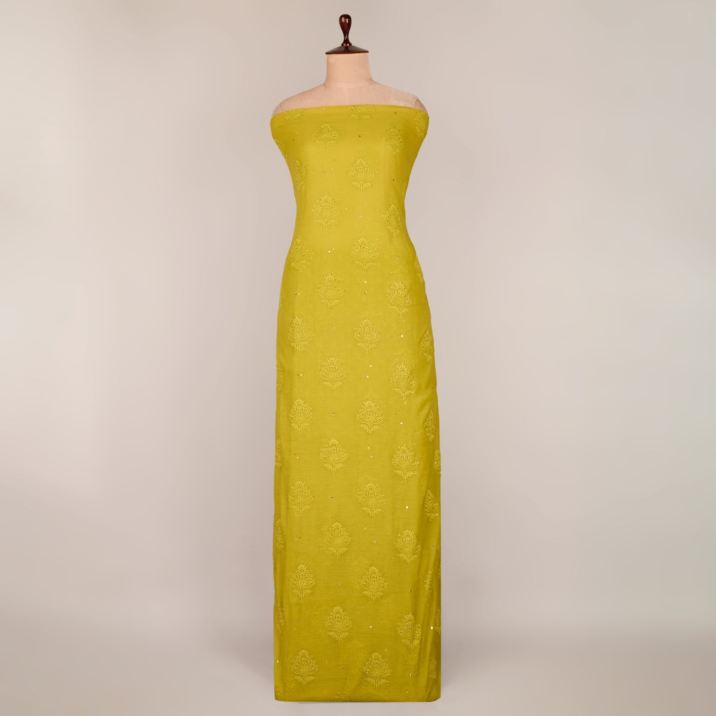 Lime Green Chanderi Lucknowi Embroidered Fabric with Badla Work