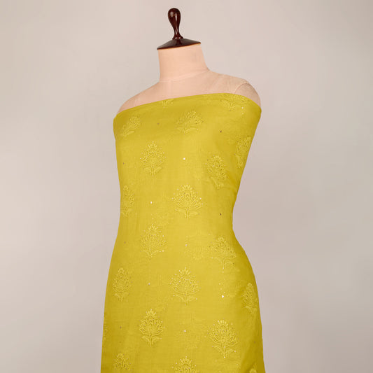 Lime Green Chanderi Lucknowi Embroidered Fabric with Badla Work