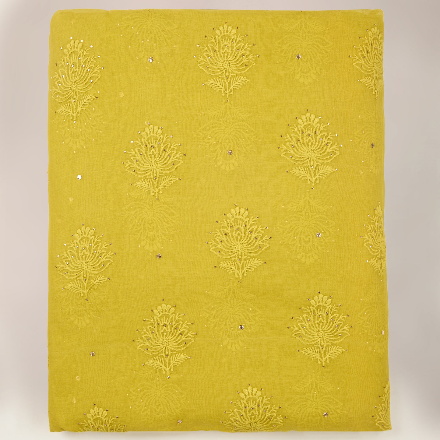 Lime Green Chanderi Lucknowi Embroidered Fabric with Badla Work