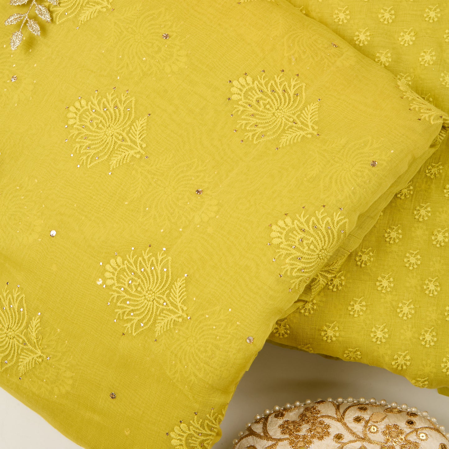 Lime Green Chanderi Lucknowi Embroidered Fabric with Badla Work