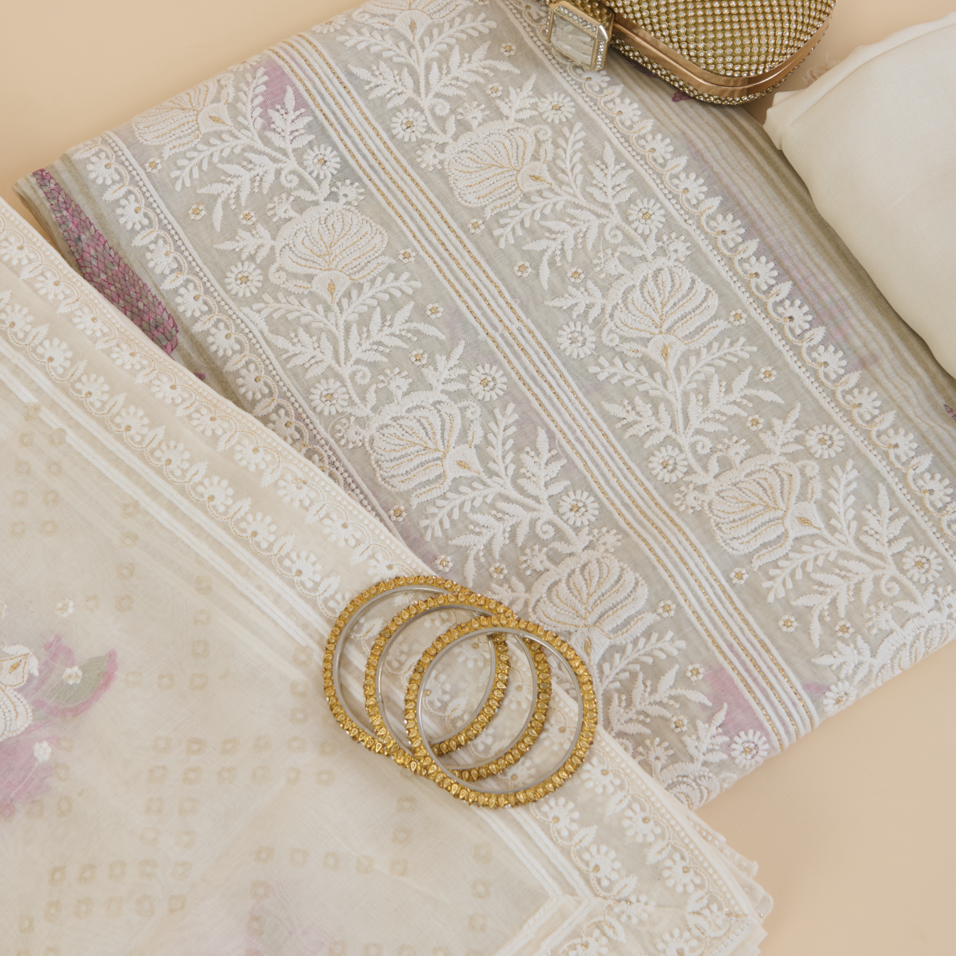 Beige Pink Fine Chanderi Printed Suit with Zari Panel