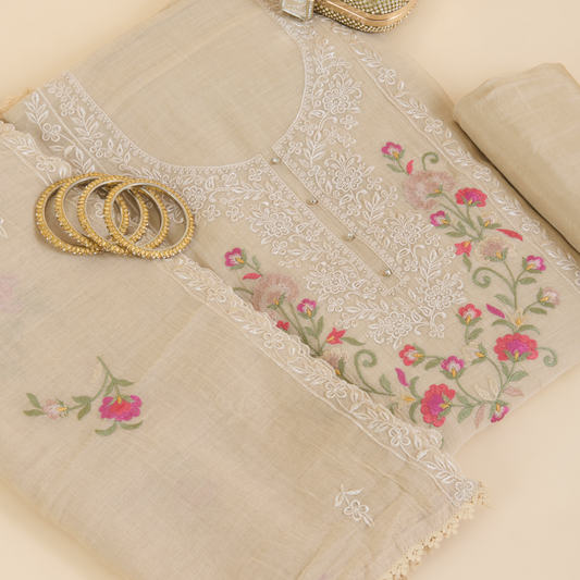 Beige Fine Chanderi Resham Sequin Embroidered Suit Set
