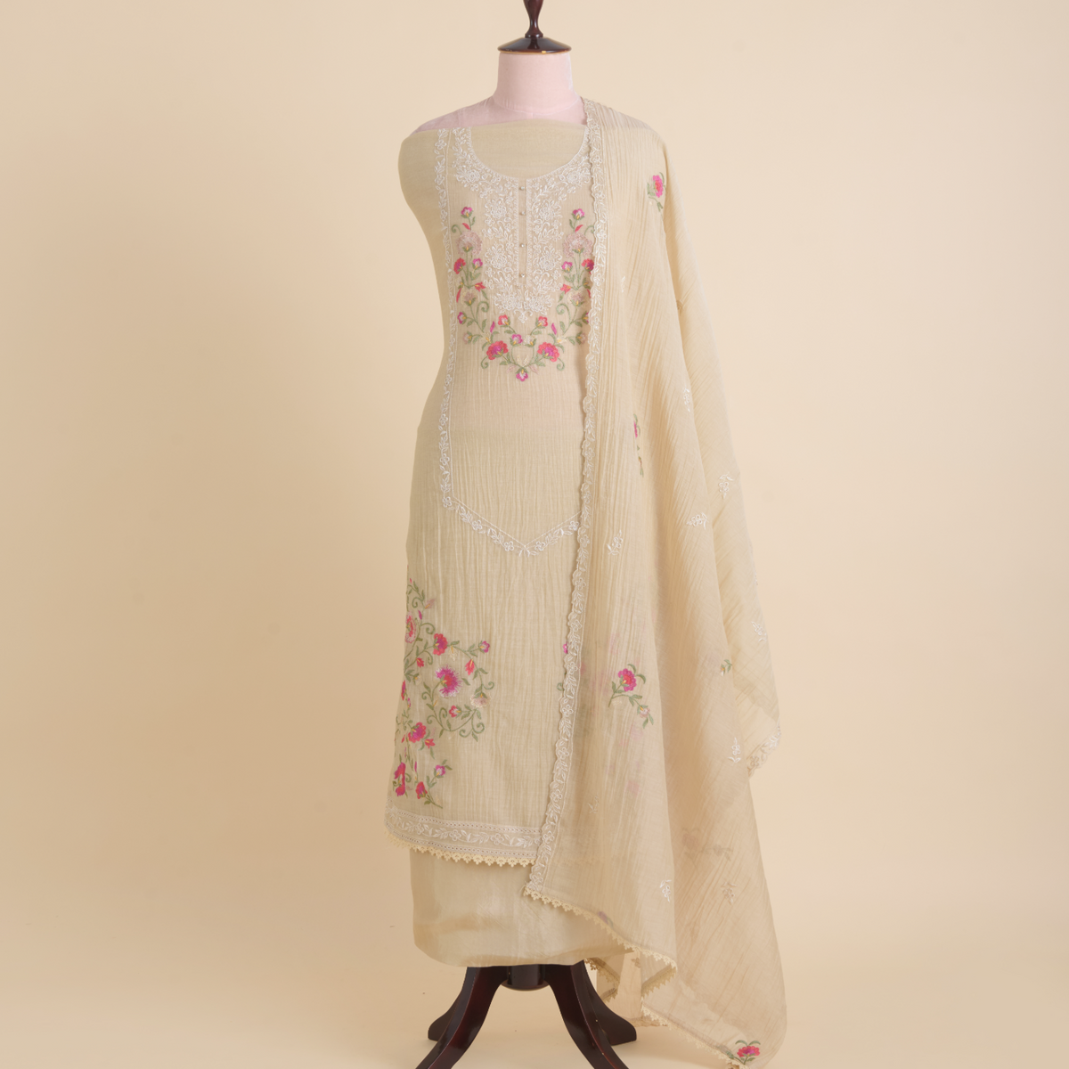 Beige Fine Chanderi Resham Sequin Embroidered Suit Set