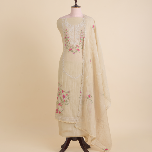 Beige Fine Chanderi Resham Sequin Embroidered Suit Set