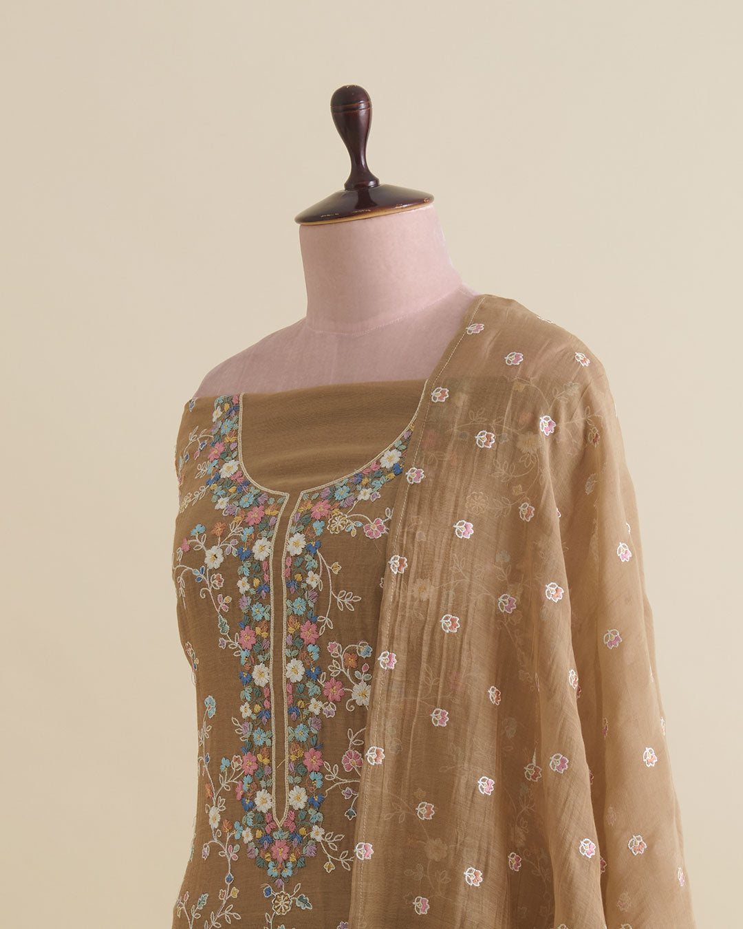 Brown Mal Chanderi Kurta Set with Resham Embroidery