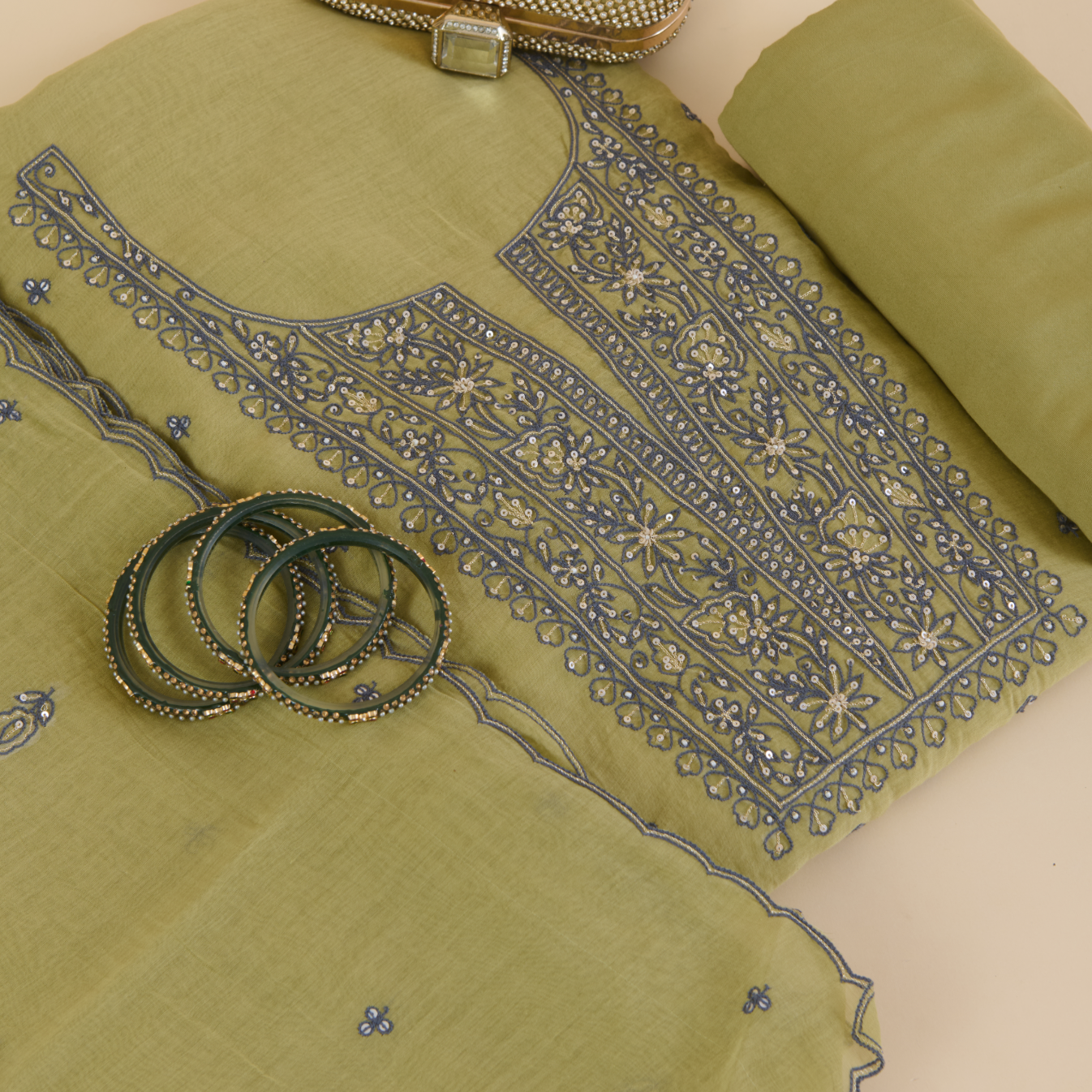 Chutney Green Fine Chanderi Resham Zari Embroidered Suit