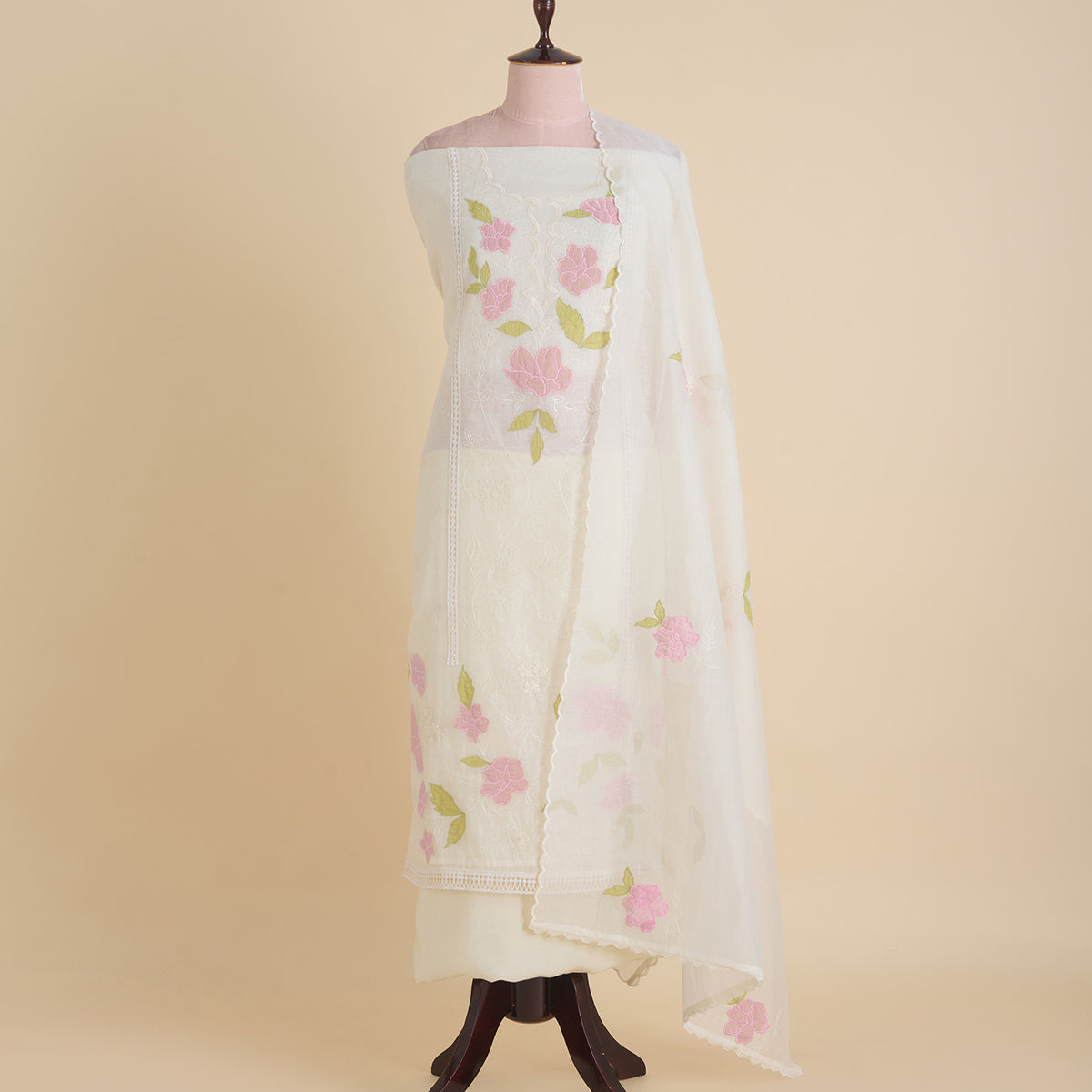 Cream Fine Chanderi Thread & Sequin Embroidered Kurta Set