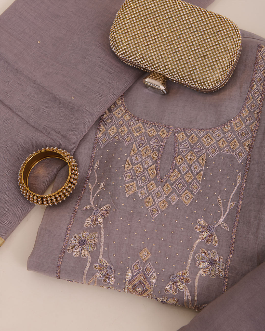 Cement Grey Fine Chanderi Embroidered Suit with Dupatta & Shantoon Bottom