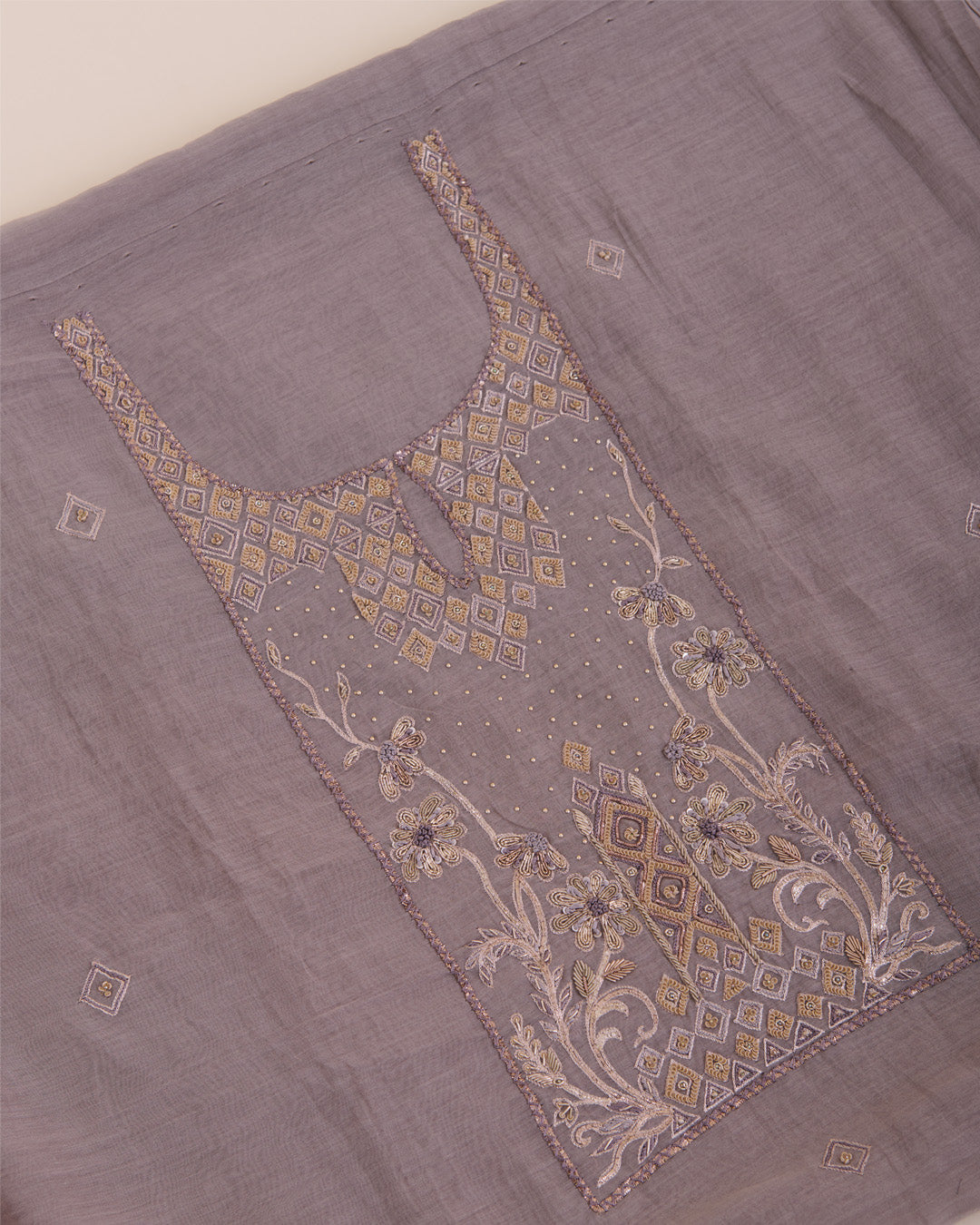 Cement Grey Fine Chanderi Embroidered Suit with Dupatta & Shantoon Bottom