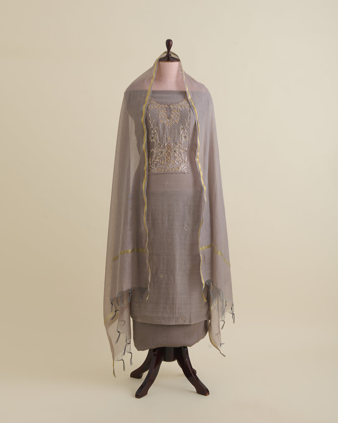 Cement Grey Fine Chanderi Embroidered Suit with Dupatta & Shantoon Bottom