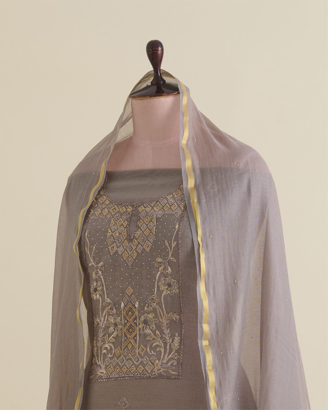 Cement Grey Fine Chanderi Embroidered Suit with Dupatta & Shantoon Bottom