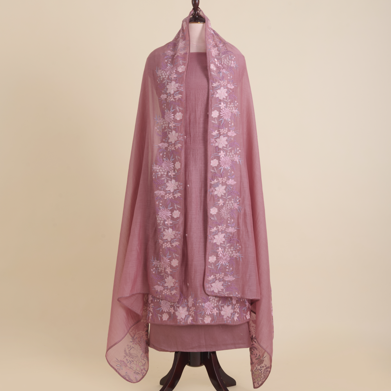 Dusty Brown Fine Chanderi Thread Embroidered Kurta Set