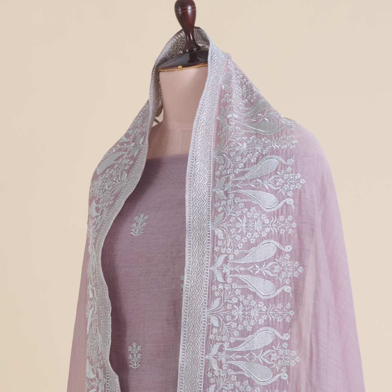 Dusty Mauve Fine Chanderi Zari Embroidered Kurta Set