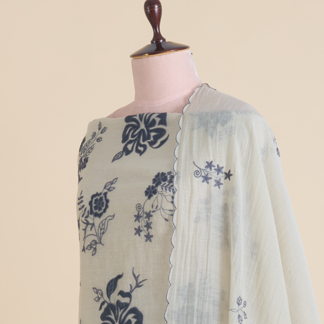 Dusty Beige Fine Chanderi Thread & Applique Embroidered Kurta Set