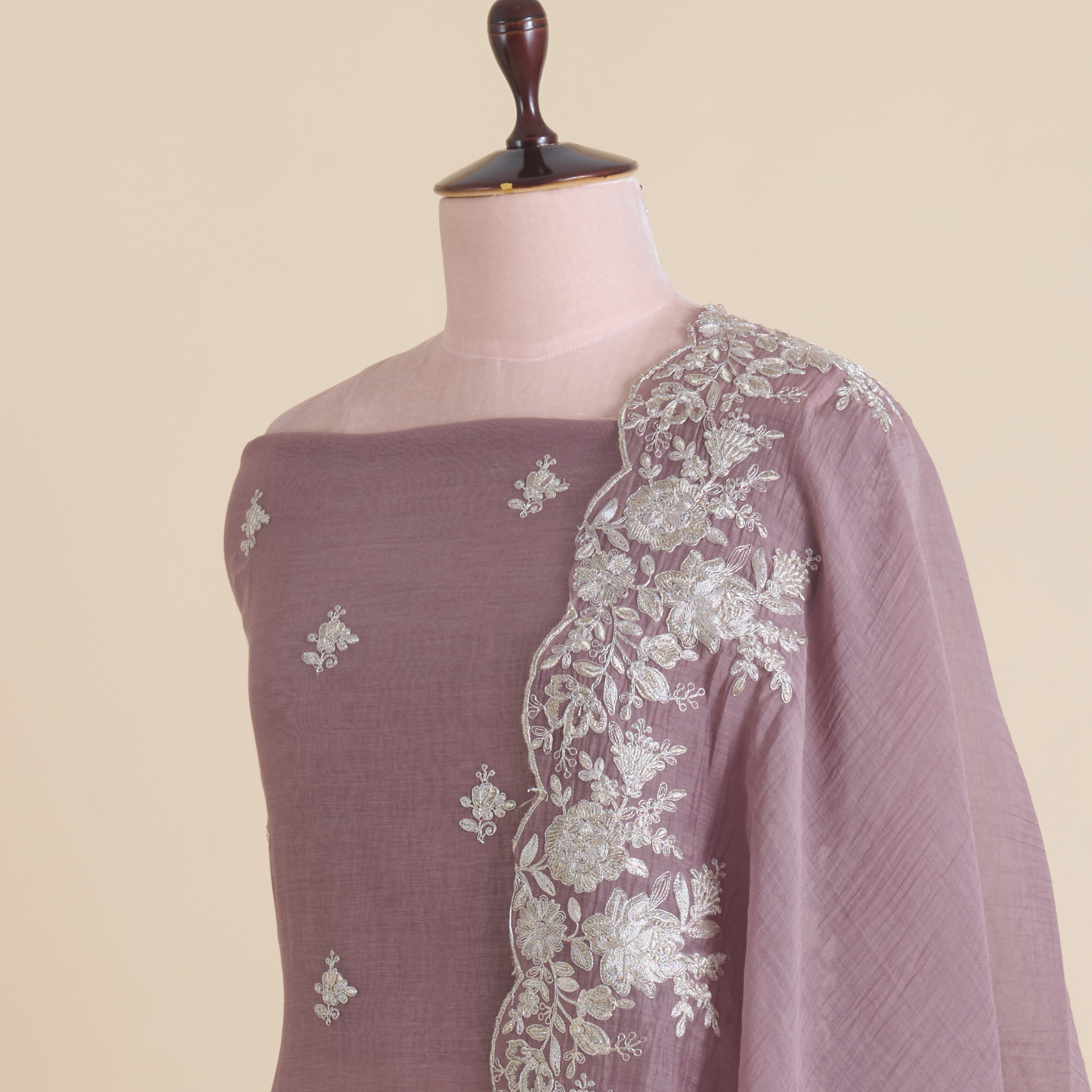 Dusty Mauve Fine Chanderi Zari Dori Embroidered Kurta Set